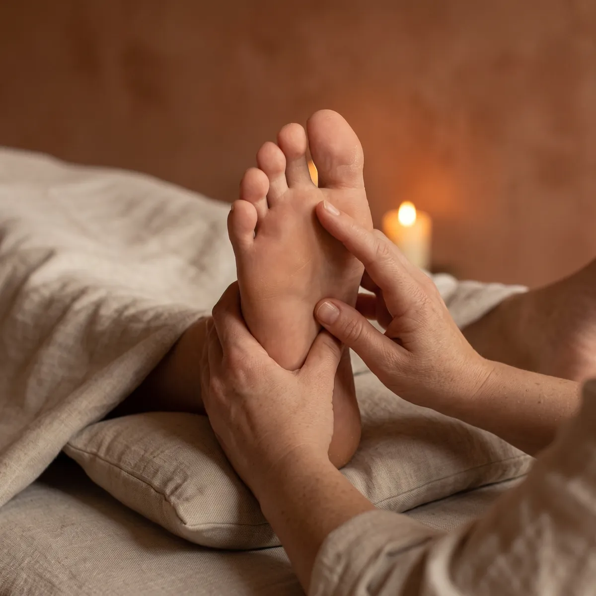 Illustration : un pied nu posé sur un coussin : un pouce appuie au creux de la plante, l'autre main soutient le talon.